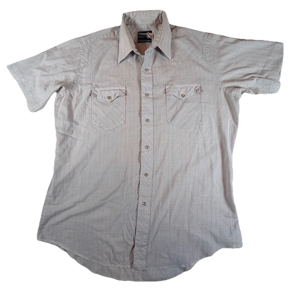 Vintage Wrangler Shirt Mens 17 Gray Red White Stripe Western Pearl Snap USA Made